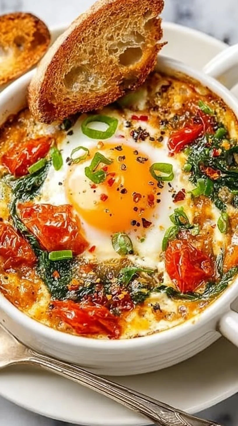 Baked feta eggs served with fresh tomatoes and spinach for breakfast