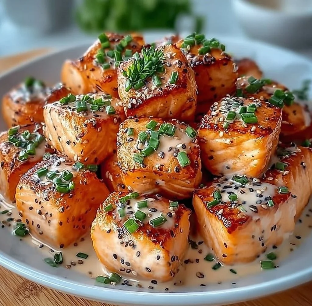 Bang Bang Salmon Bites served with a spicy sauce and garnished with green onions