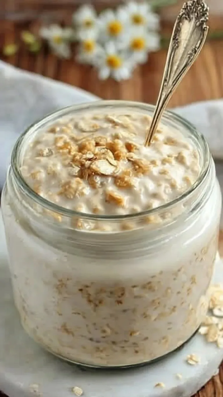 Bowl of basic overnight oats topped with fruits and nuts.