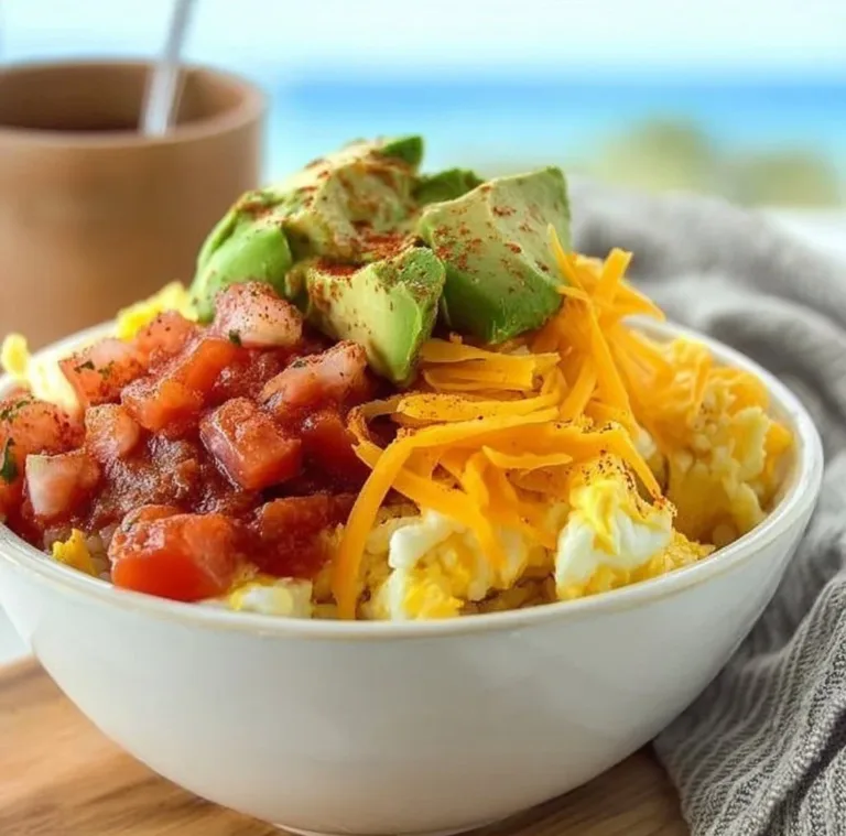 Breakfast burrito bowl with eggs, cheese, and salsa in a bowl