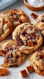 Freshly baked brown butter toffee cookies on a plate