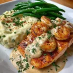 Cajun shrimp and salmon drizzled with garlic cream sauce on a plate