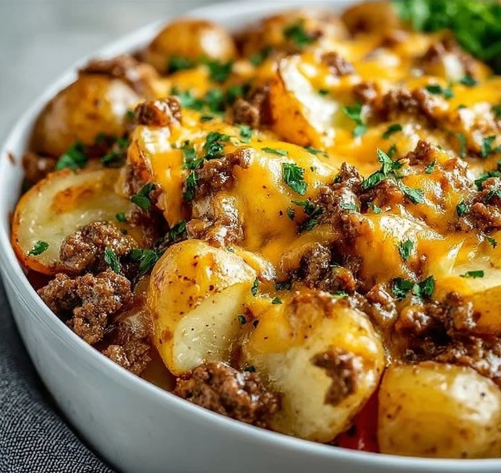 Cheesy Ground Beef & Potato Casserole beef potato casserole Cheesy Ground Beef and Potato Casserole topped with melted cheese