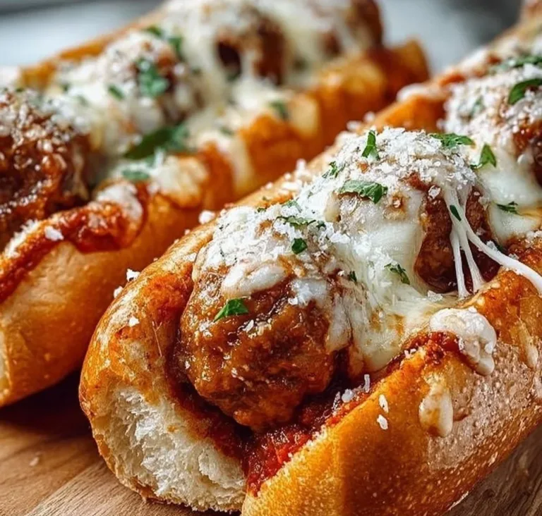 Cheesy Meatball Subs No-Knead Ciabatta Cheesy meatball subs topped with melted cheese and fresh herbs
