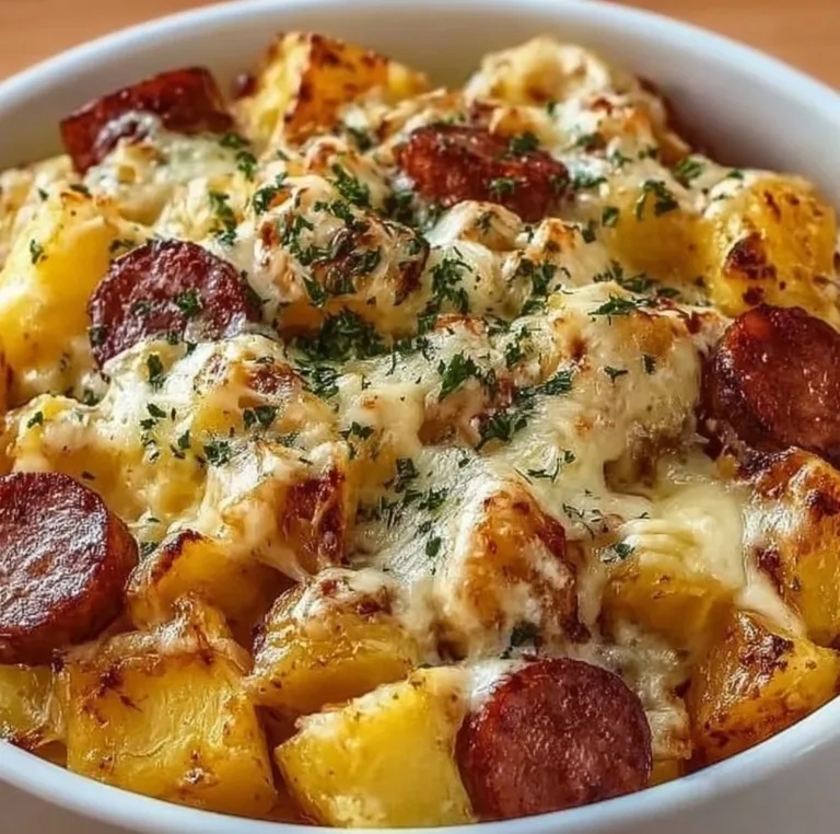 Cheesy Ranch Potatoes with Smoked Sausage sausage and veggies Cheesy ranch potatoes topped with smoked sausage in a baking dish