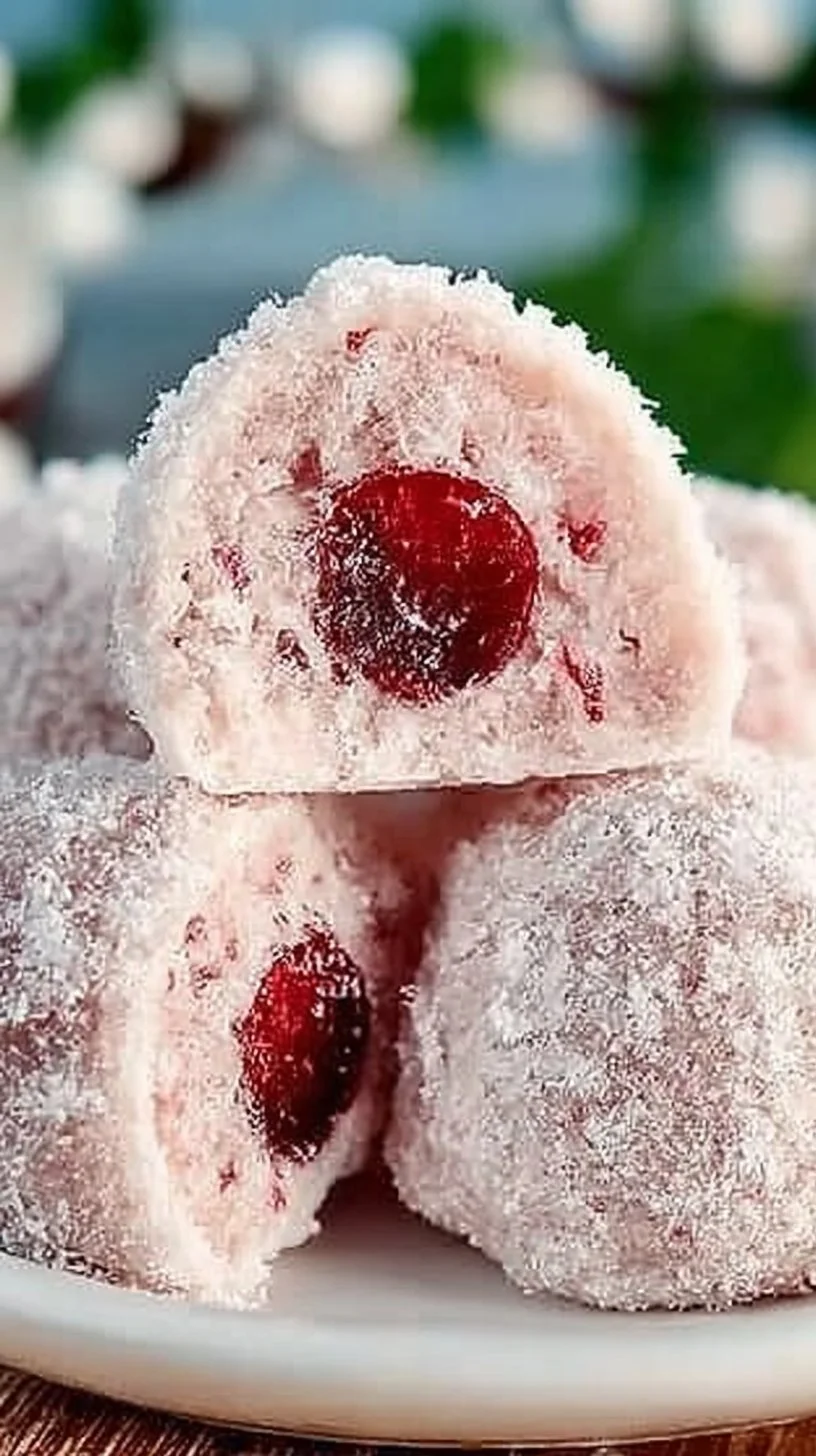 Delicious Cherry Snowball Cookies dusted with powdered sugar on a plate