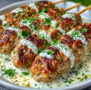 Plate of Chicken Kofta served with creamy garlic yogurt sauce