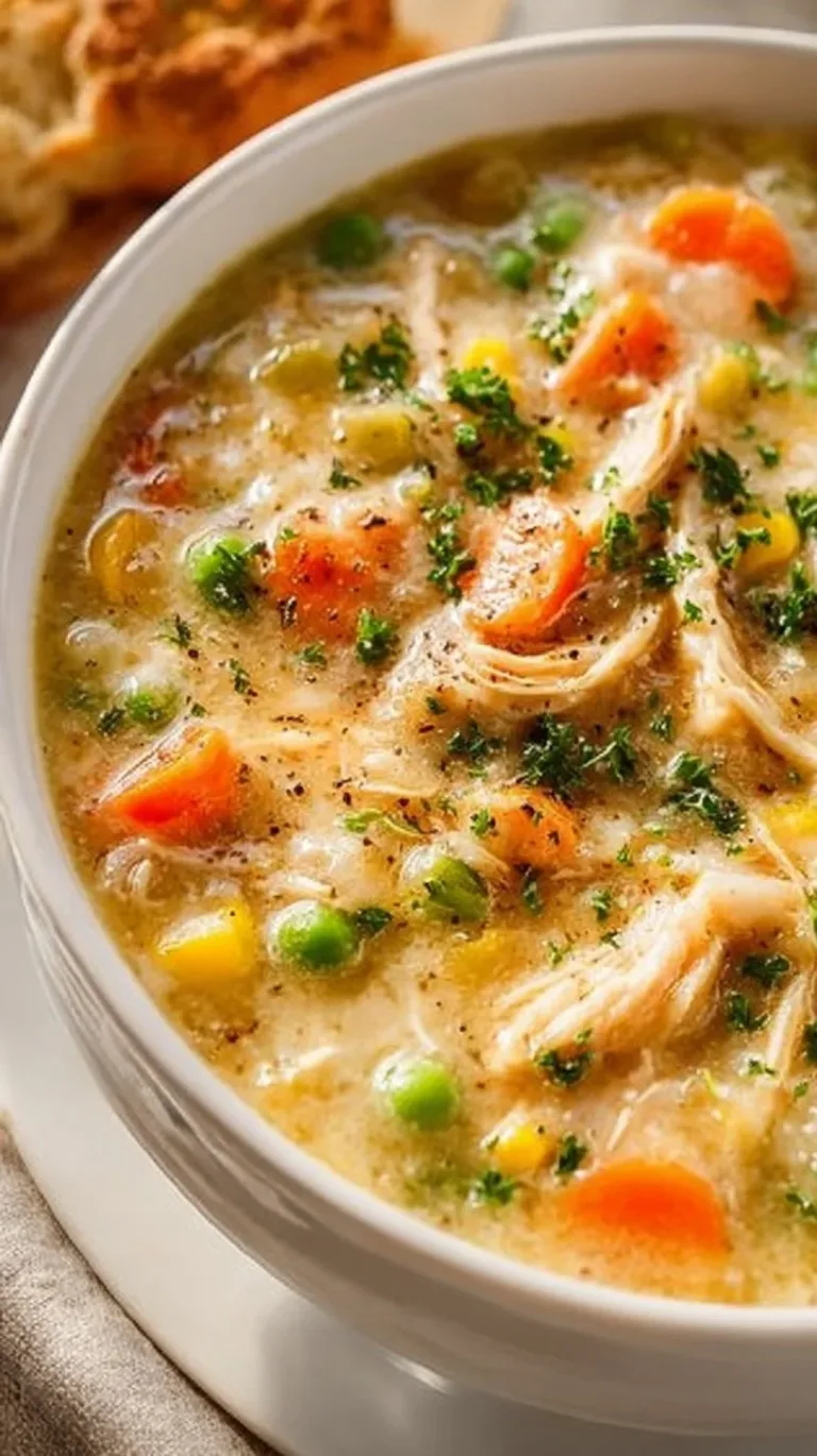 Bowl of hearty Chicken Pot Pie Soup with vegetables and chicken