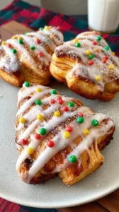 Festive Christmas Tree Cinnamon Rolls topped with icing and holiday decorations