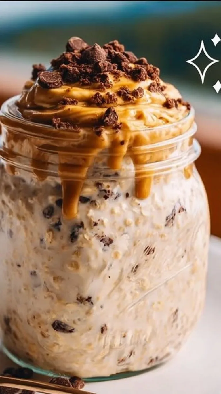 Delicious cookie dough overnight oats in a jar topped with chocolate chips