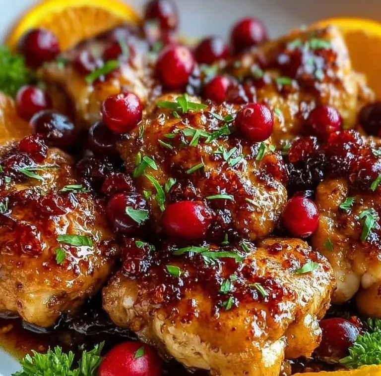 Cranberry Orange Chicken ground chicken Delicious plate of cranberry orange chicken with vibrant orange slices and cranberries.