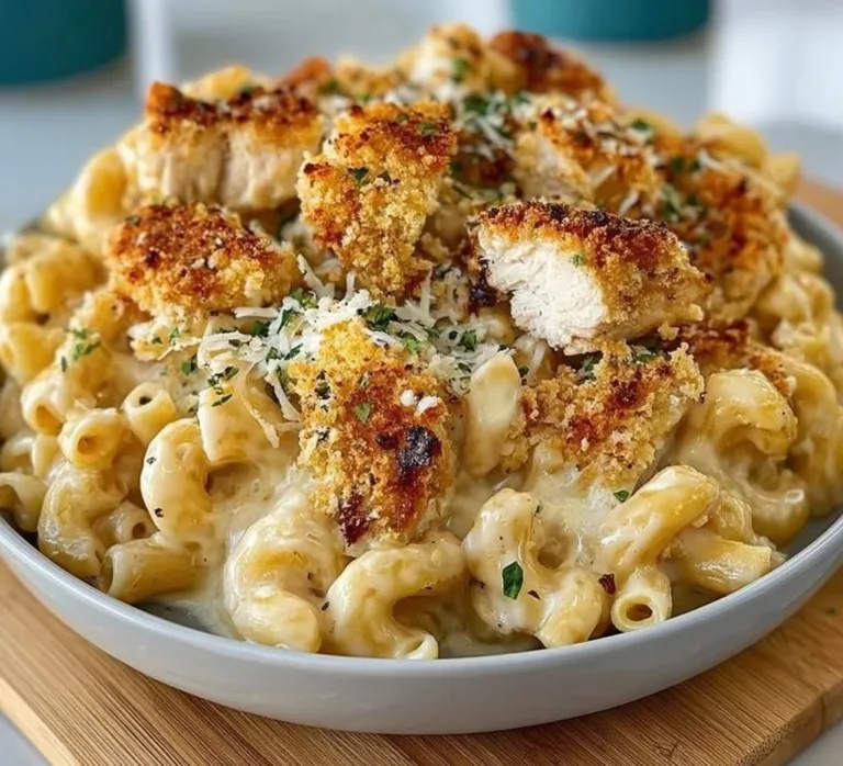 Creamy Chicken Mac and Cheese Shepherd's Pie Creamy chicken mac and cheese served in a bowl, garnished with parsley