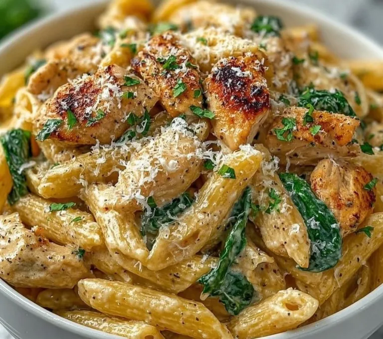 Creamy Garlic Parmesan Chicken Pasta served in a bowl garnished with fresh herbs.