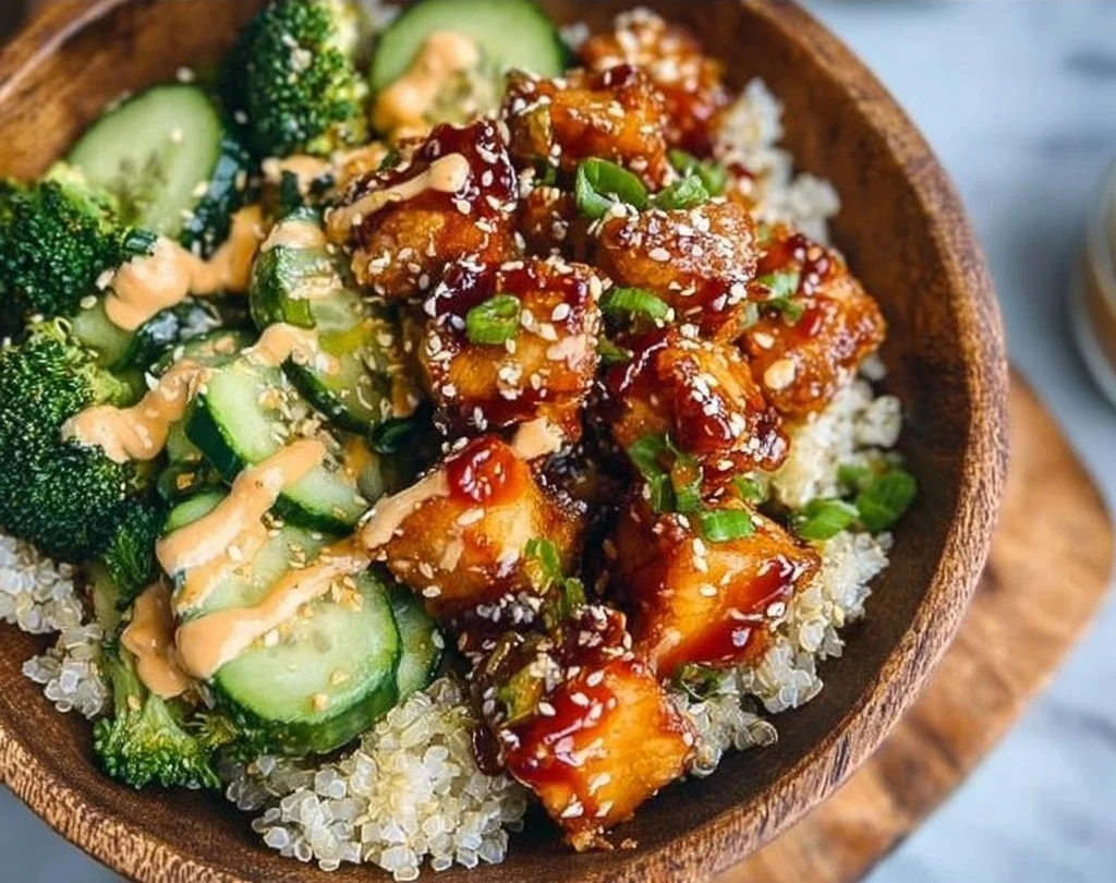 Crispy Bang Bang Salmon Bites Bowls Bang Bang Salmon Crispy Bang Bang Salmon Bites served in a bowl with fresh ingredients