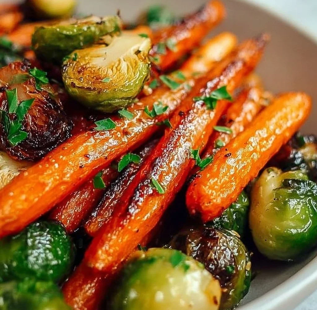 Crispy Maple Glazed Carrots and Brussels Sprouts - Alrightwithme maple glazed carrots Crispy maple glazed carrots and Brussels sprouts plated together