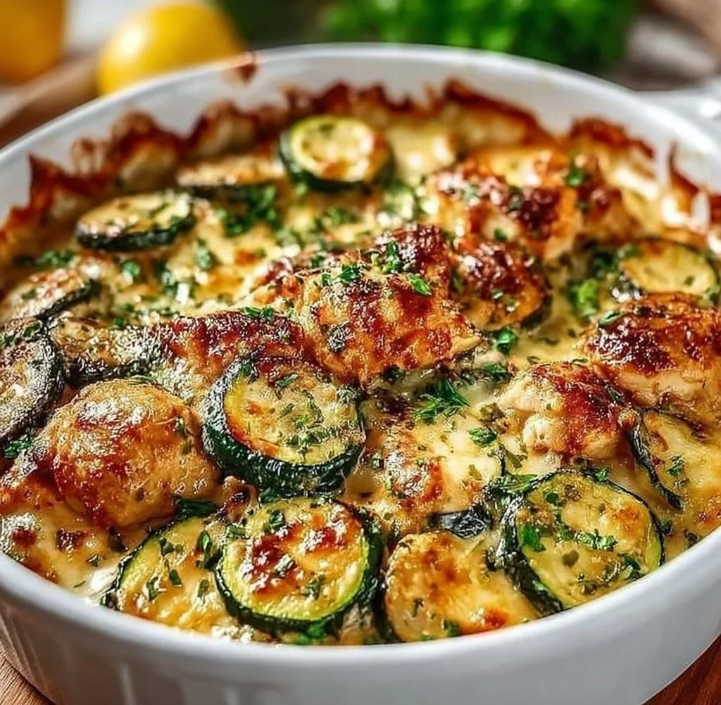 Delicious and easy chicken zucchini bake dish served on a plate