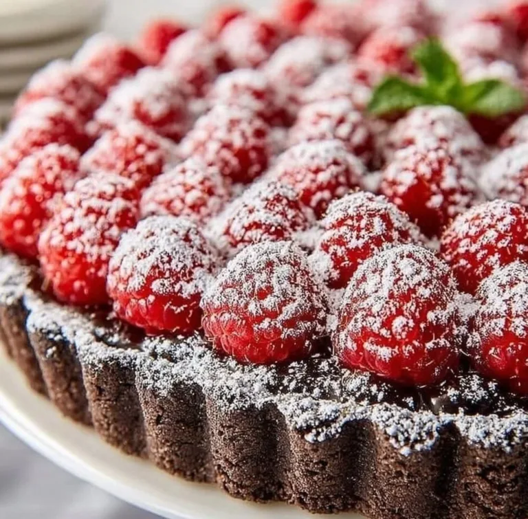Easy chocolate raspberry tart recipe with rich chocolate and fresh raspberries.
