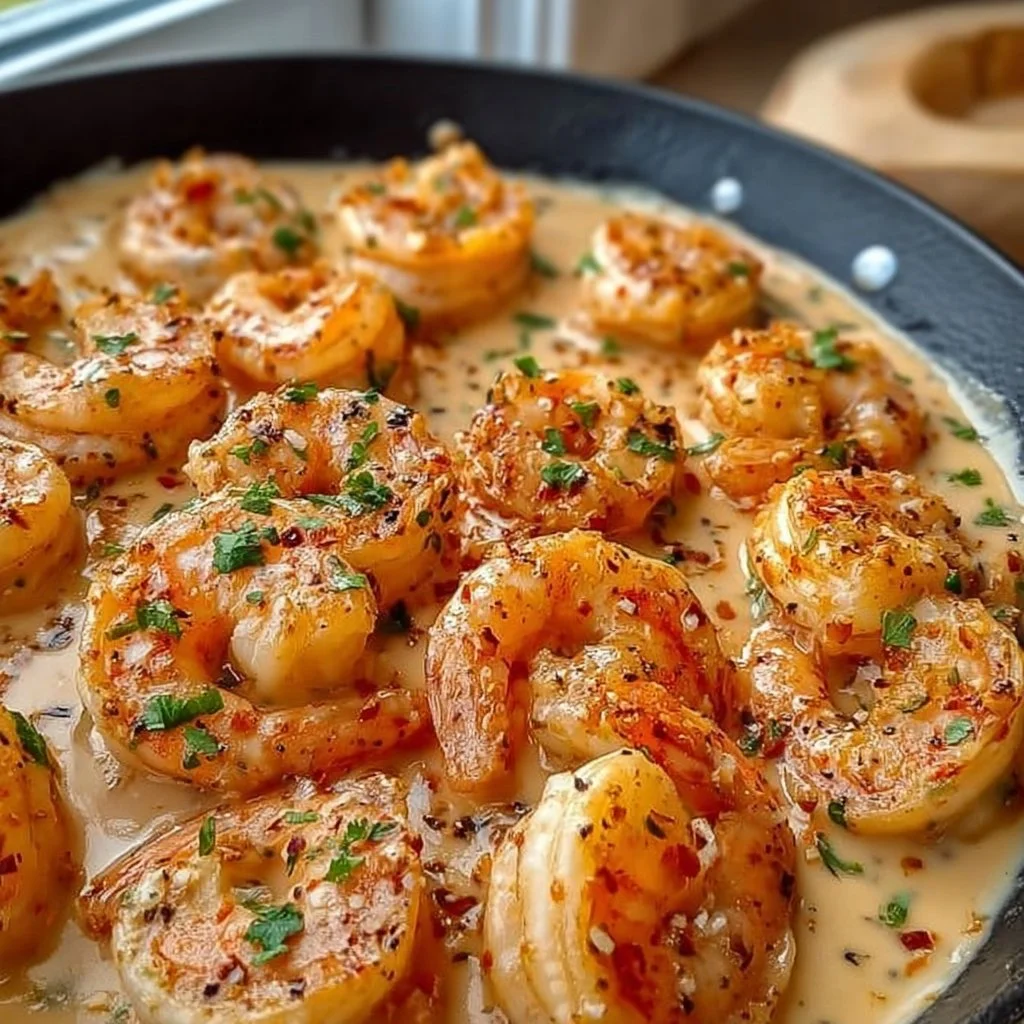 Easy Creamy Garlic Shrimp creamy garlic shrimp Delicious creamy garlic shrimp served in a bowl with fresh herbs
