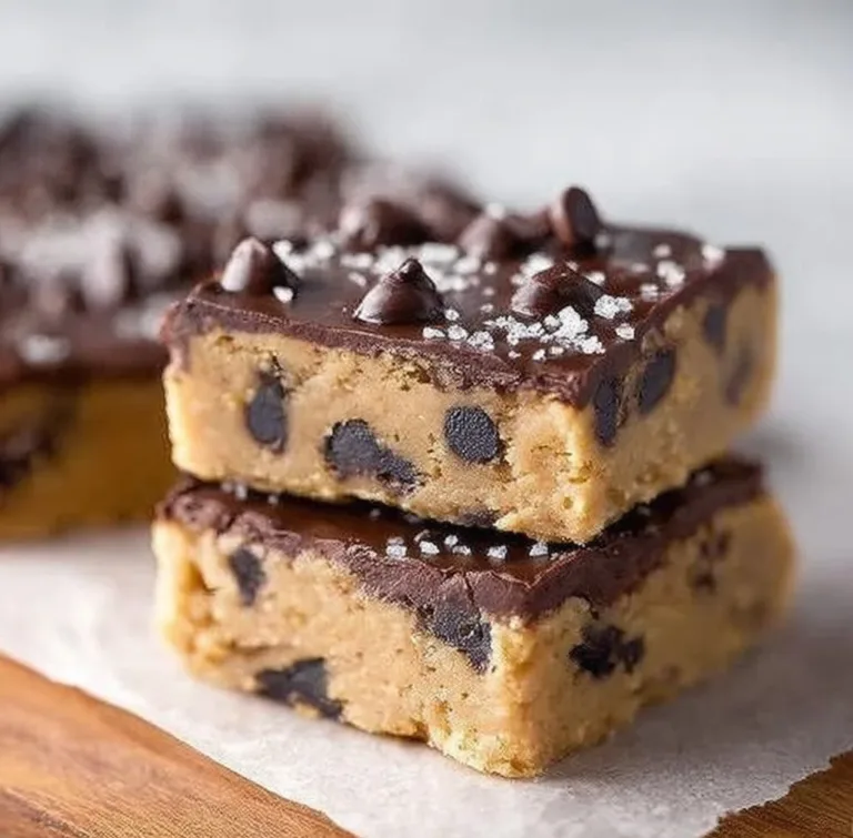 No bake chocolate chip cookie dough bars topped with chocolate chips.