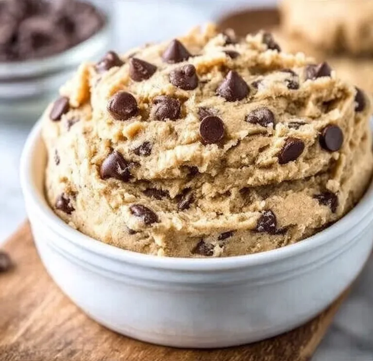 Delicious egg-free chocolate chip cookie dough in a bowl with chocolate chips