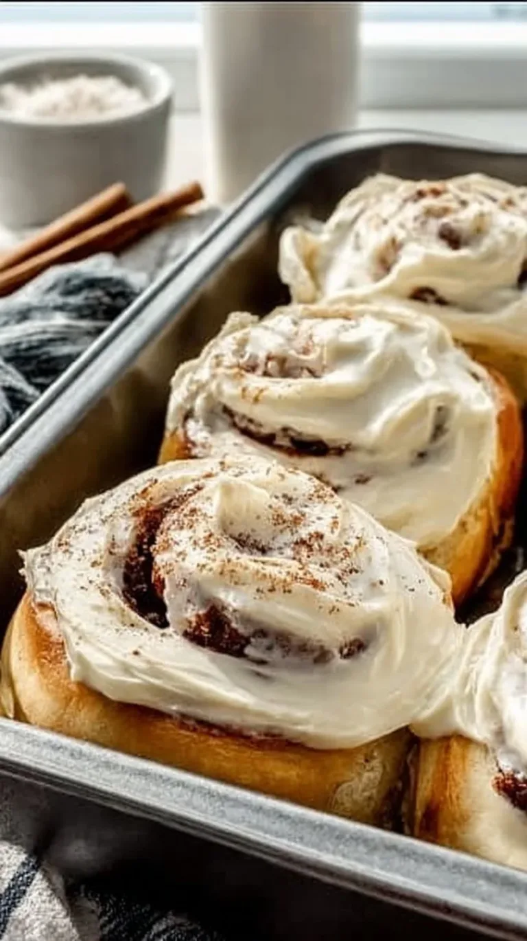 Fluffy Small Batch Cinnamon Rolls cinnamon roll French toast Fluffy small batch cinnamon rolls with cream cheese glaze on a kitchen counter