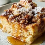 Deliciously baked French Toast Casserole topped with syrup and berries.