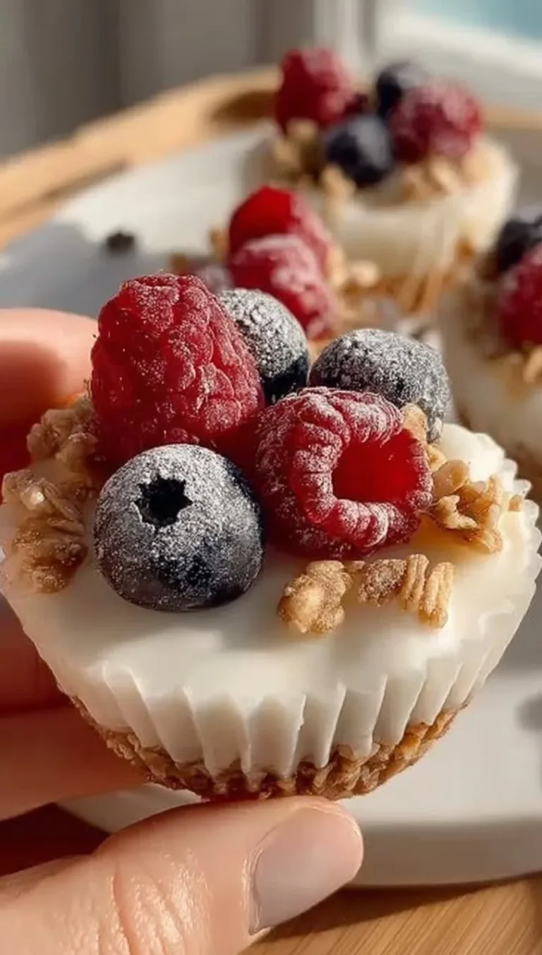Homemade frozen yogurt granola cups topped with fresh fruits and nuts