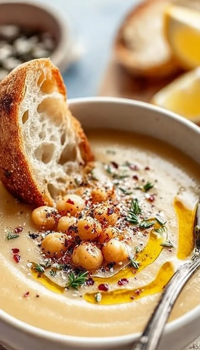 A bowl of delicious Garlic Chickpea Soup garnished with parsley and spices