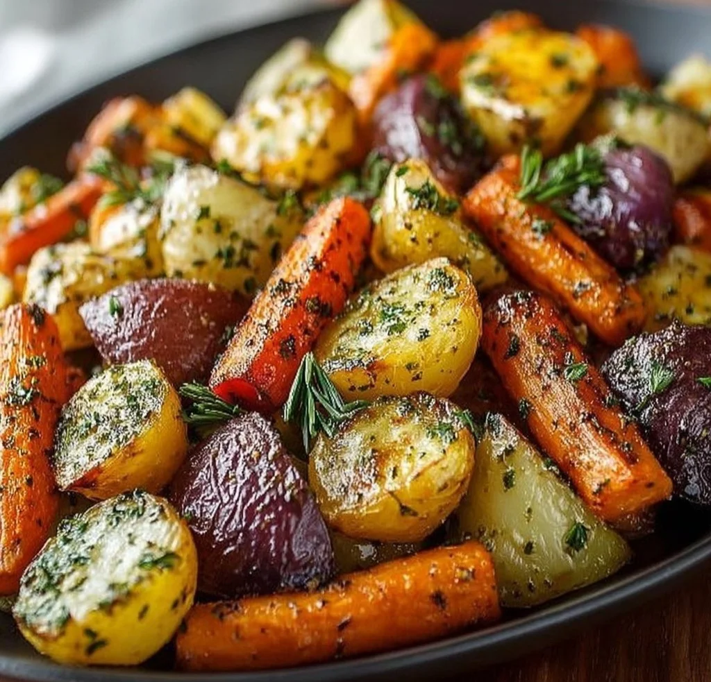 Garlic Herb Roasted Veggies garlic herb roasted veggies Colorful plate of garlic herb roasted veggies cooked to perfection