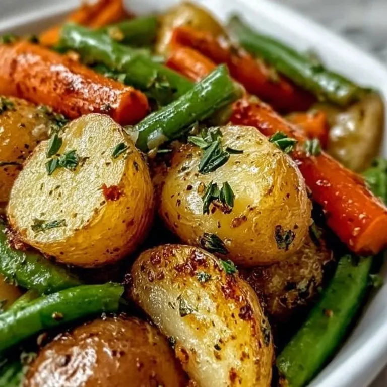 Bowl of garlic herb roasted veggies including bell peppers, zucchini, and carrots