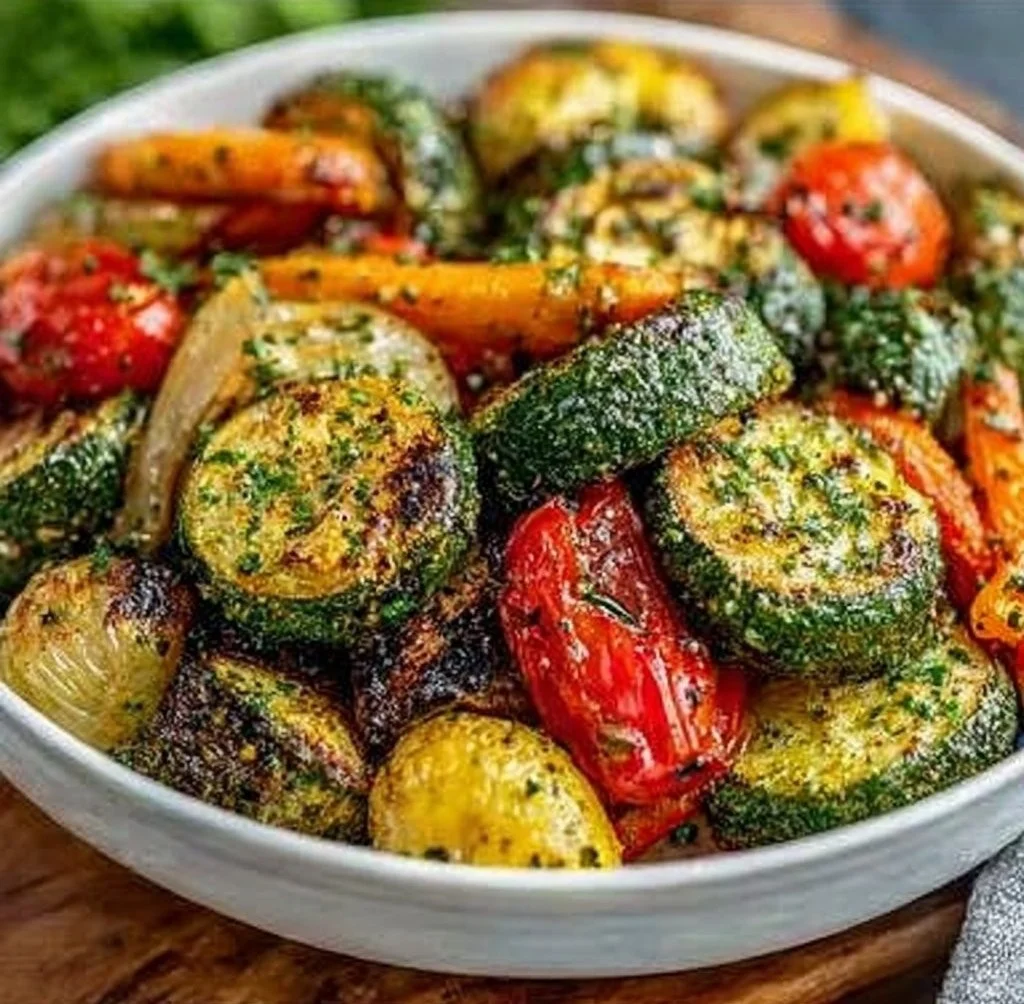 Garlic Roasted Vegetables Garlic Roasted Vegetables Bowl of garlic roasted vegetables with vibrant colors and herbs.