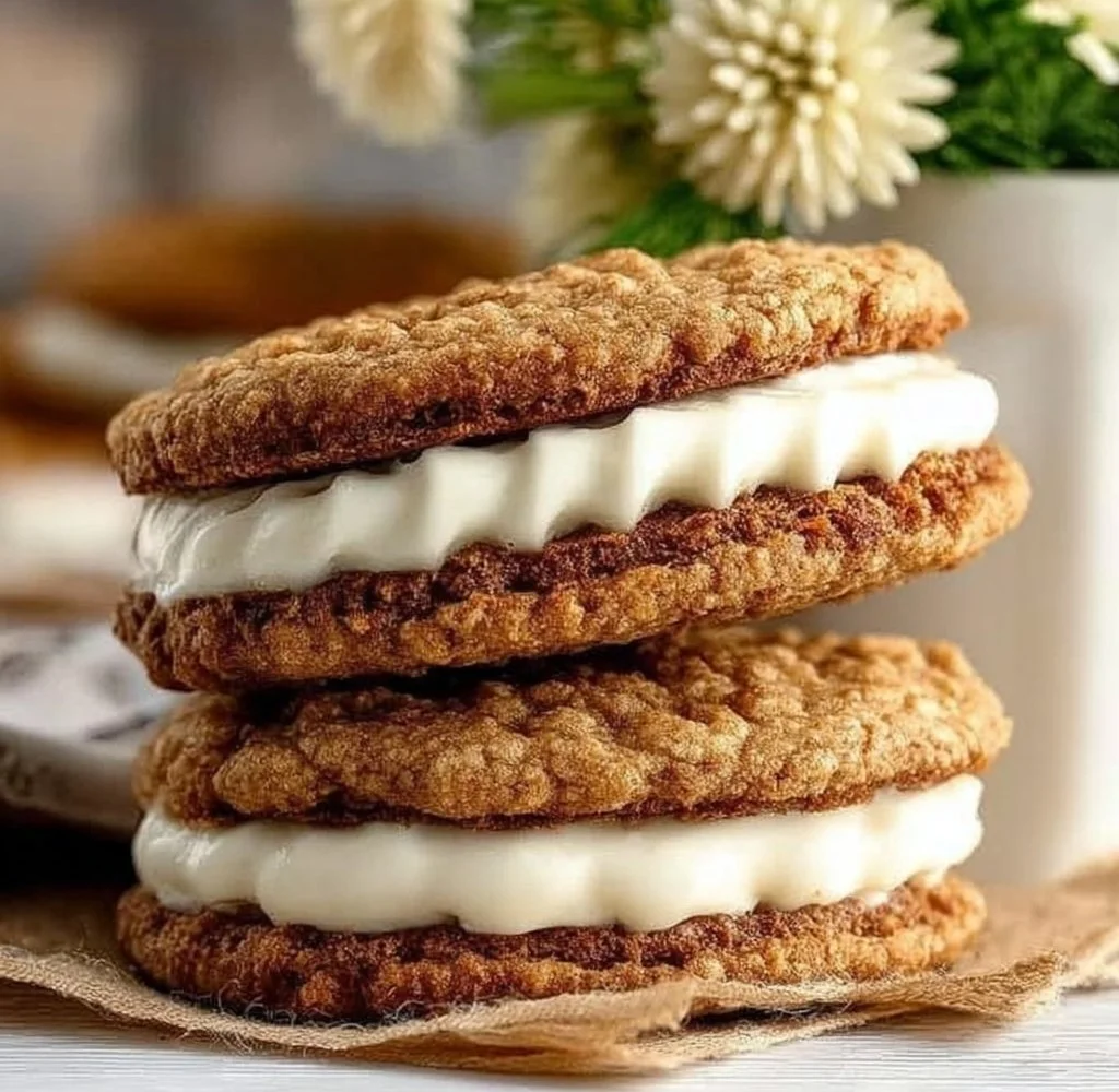 Gingerbread oatmeal cream pies with creamy filling and festive decoration.