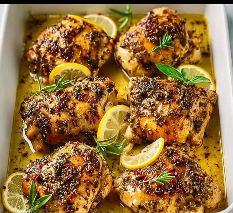 Greek Lemon Chicken plated with fresh herbs and lemon slices