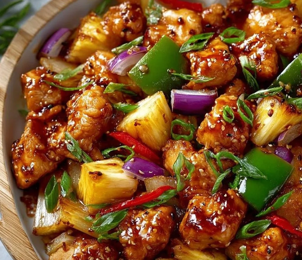 Hawaiian Chicken Sheet Pan Hawaiian Chicken Hawaiian Chicken Sheet Pan with pineapple and colorful vegetables