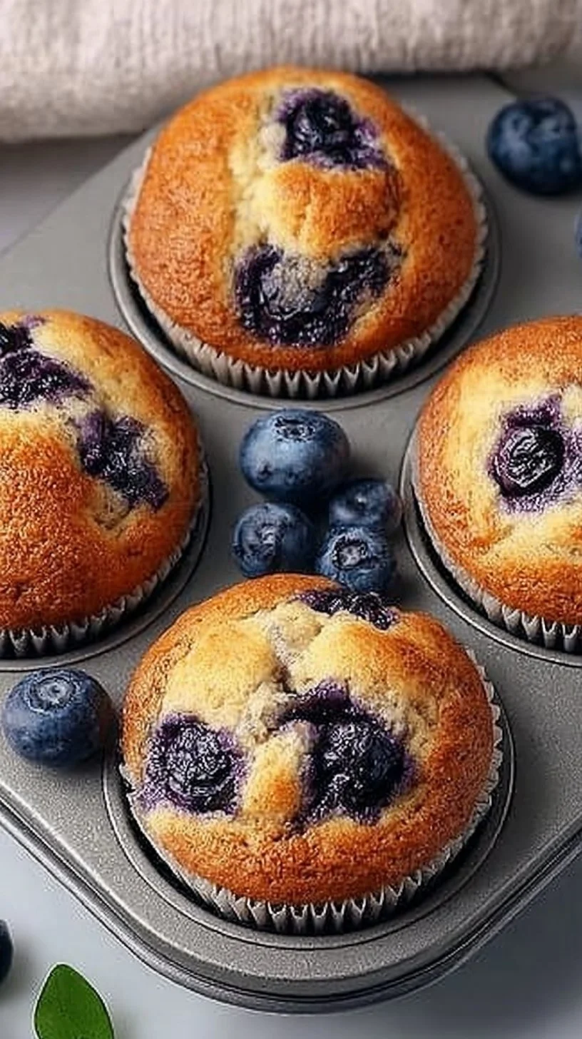 Hearty blueberry protein muffins ready to be served on a wooden table