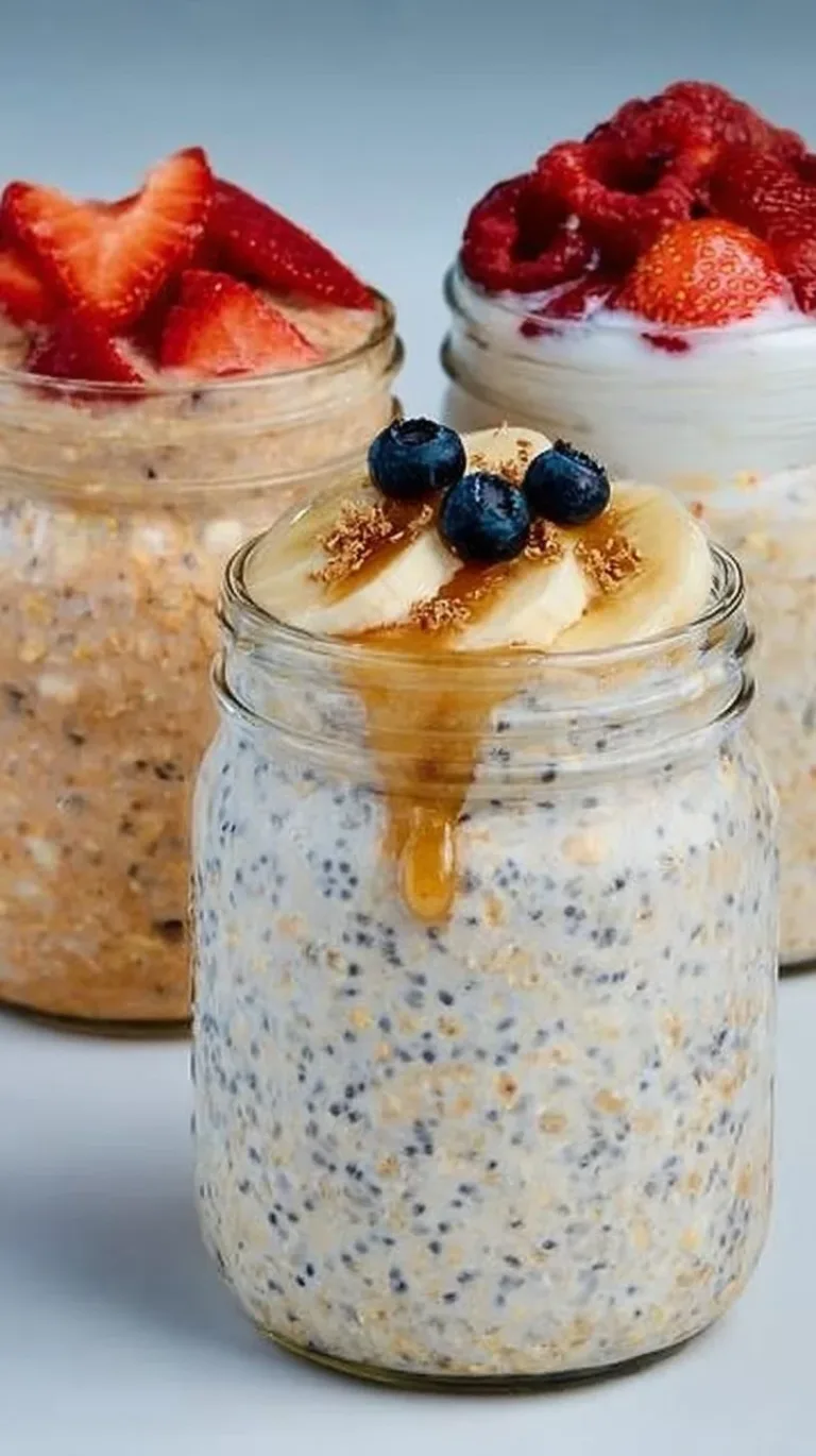 High-Protein Overnight Oats cinnamon rolls High-protein overnight oats with fruits and nuts in a jar