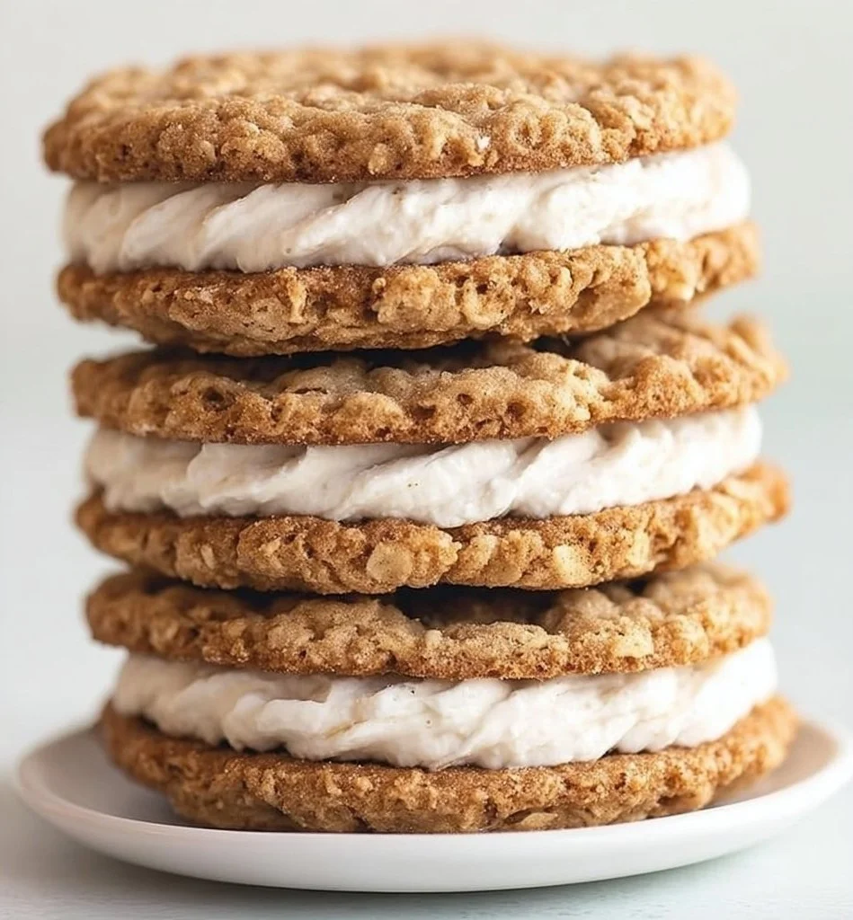 Delicious homemade oatmeal cream pies on a wooden table