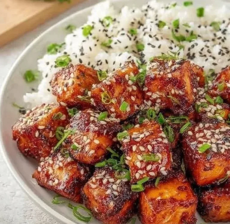 Delicious Honey Garlic Salmon Bites served on a plate with garnishes