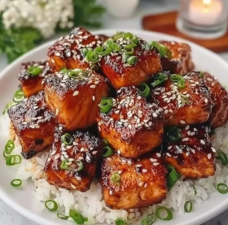 Honey Garlic Salmon Bites Recipe Ranch Chickpeas Honey garlic salmon bites served on a platter with garnish