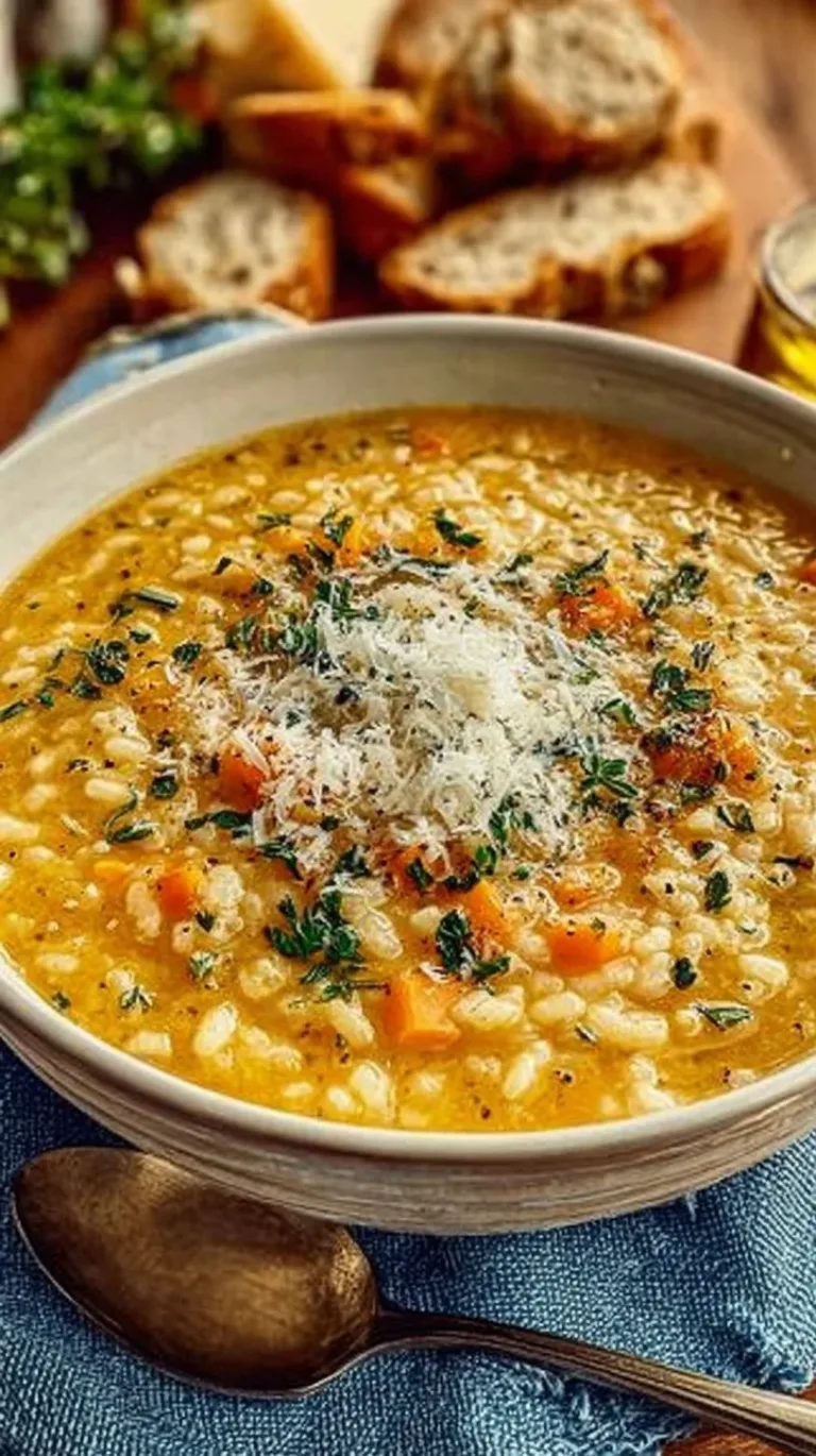 Bowl of Italian Penicillin Soup garnished with herbs and vegetables