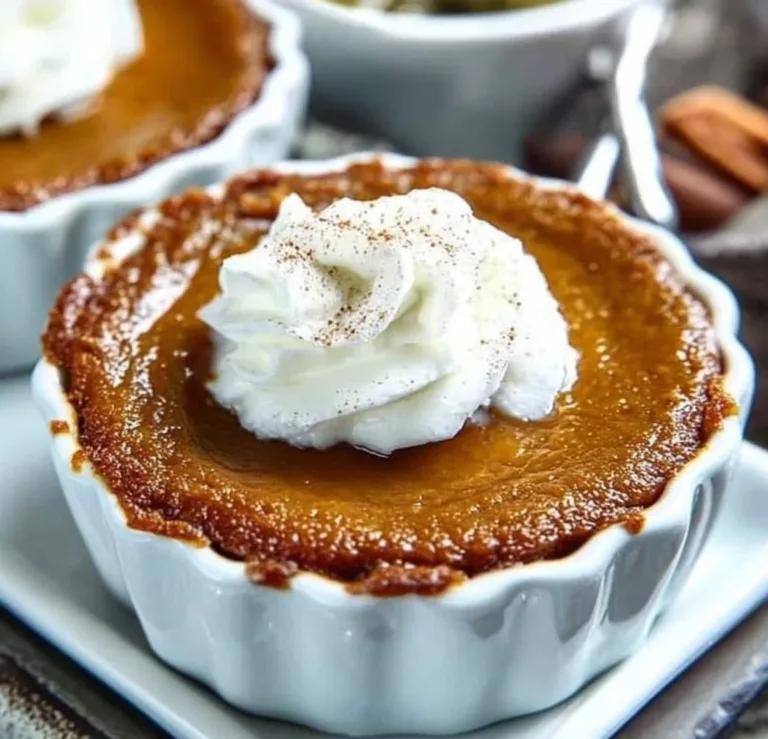 Keto Mini Crustless Pumpkin Pie topped with whipped cream in a rustic setting.