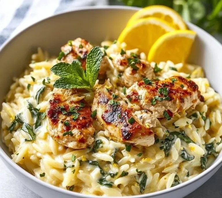 Lemon Chicken Orzo blueberry muffins A delicious bowl of Lemon Chicken Orzo garnished with fresh herbs