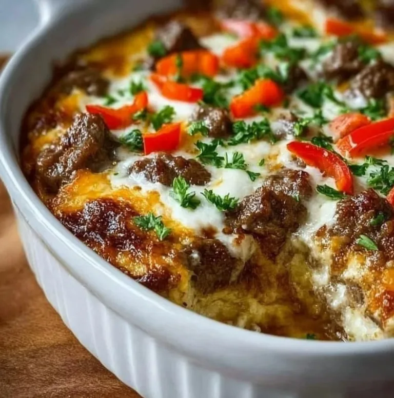 Low Carb Philly Cheesesteak Casserole sausage and veggies Low carb Philly cheesesteak casserole in a baking dish, topped with melted cheese.