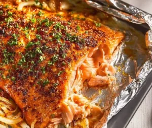 Oven baked salmon with herbs and lemon served on a plate