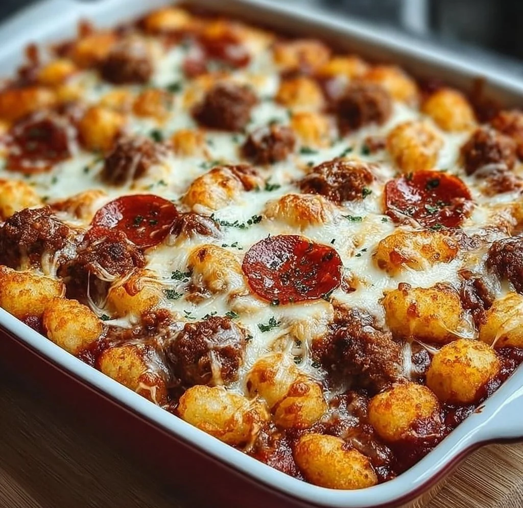 Delicious Pizza Tot Casserole with toppings and cheese baked to perfection.