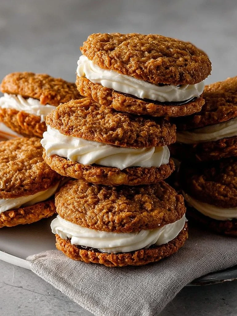 Pumpkin Oatmeal Cream Pies oatmeal cream pies Homemade pumpkin oatmeal cream pies on a wooden table