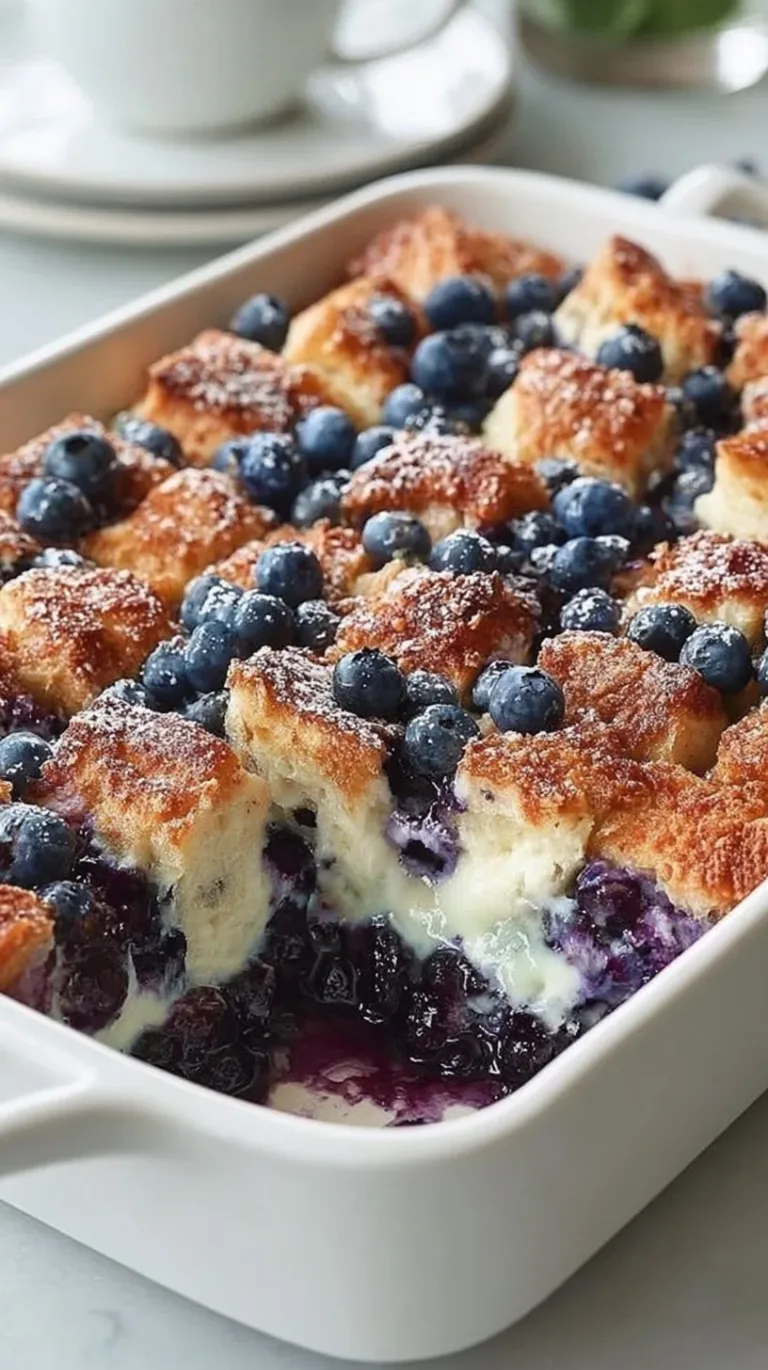 Quick Blueberry French Toast Casserole cinnamon roll French toast Quick Blueberry French Toast Casserole with fresh blueberries on top
