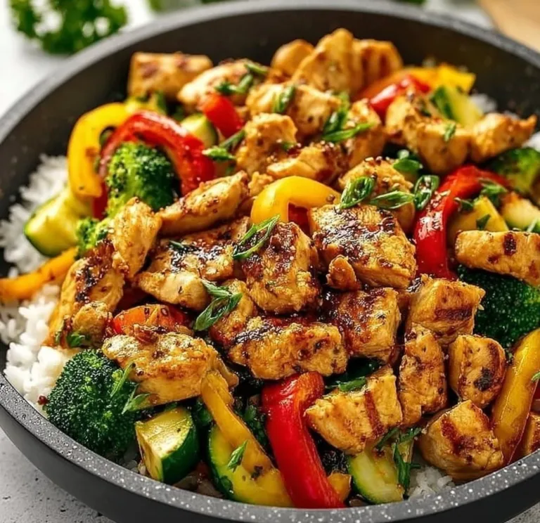 Healthy chicken skillet recipe with veggies in a frying pan