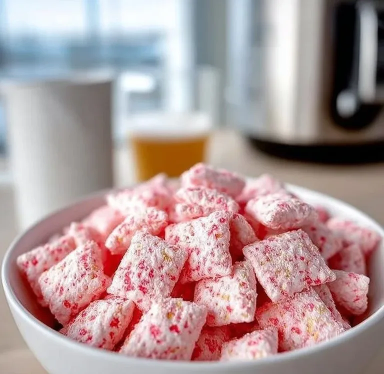 Delicious Quick Strawberry Shortcake Puppy Chow dessert in a bowl