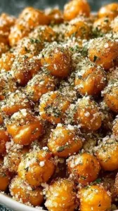 Ranch flavored crispy roasted chickpeas in a bowl, a healthy snack option.